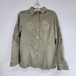 Chico's Womens Embroidered Sage-Denim Jacket Size 0, US 4/6 Button-Up Frayed Hem